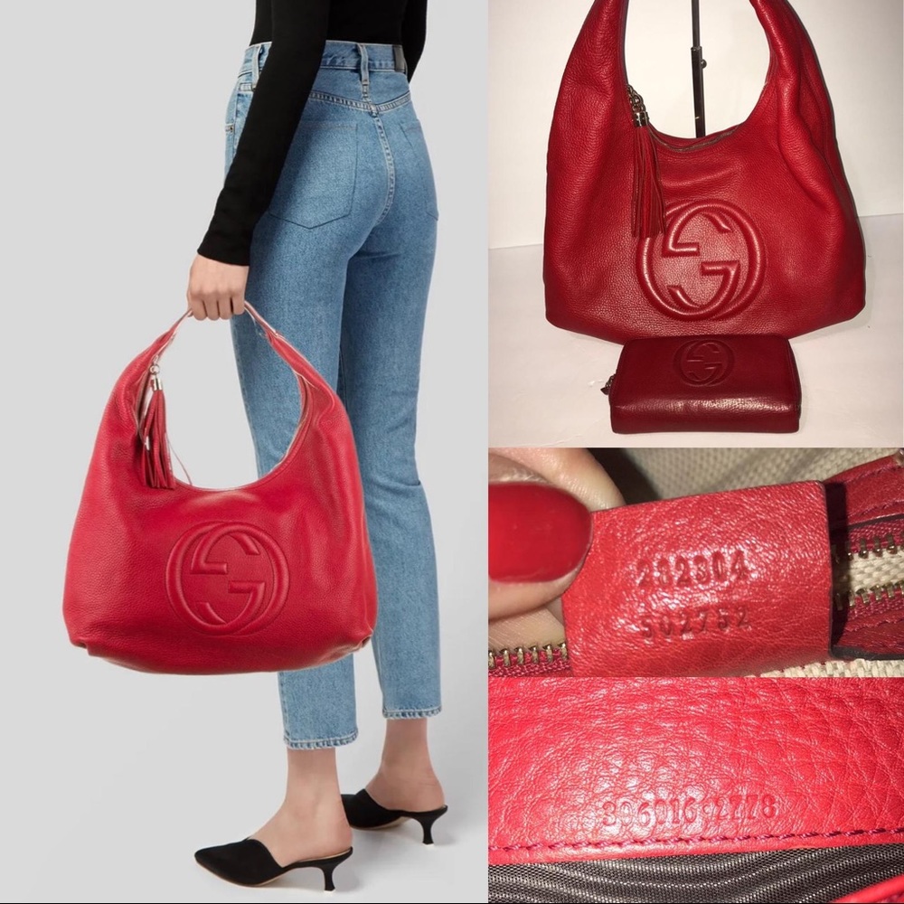 Red Leather Hobo Bag with Signature Embossed Logo